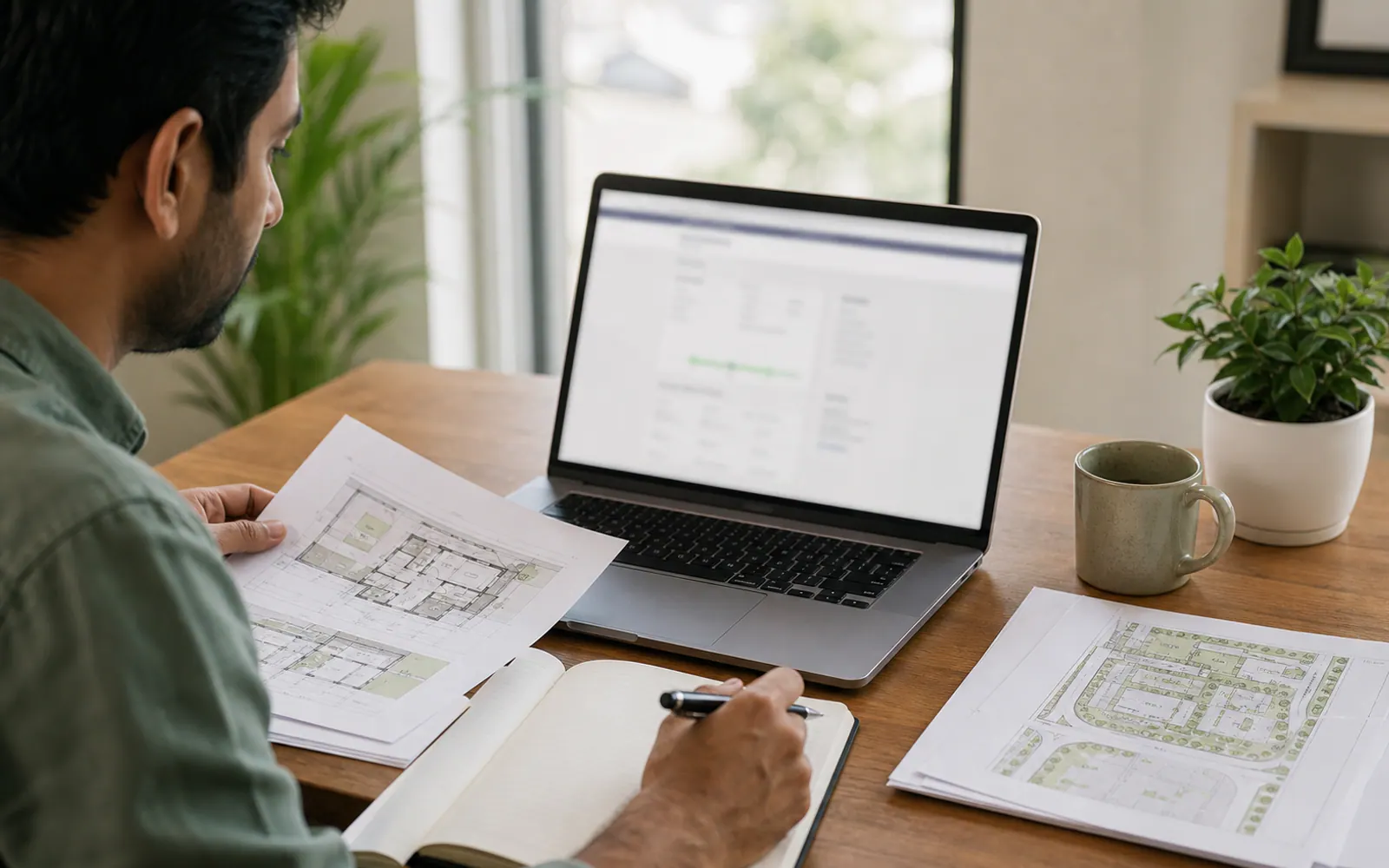 Homebuyer checking a Noida project registration on the official UP RERA portal beside printed approvals